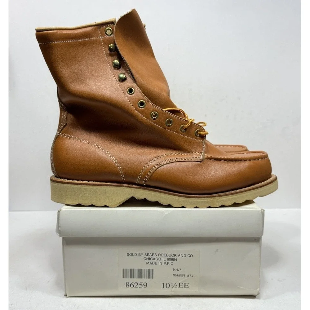 Vintage Sears Roebuck Moc Toe Work Boots Brown Leather Wedge 86259 Men's 10.5 EE